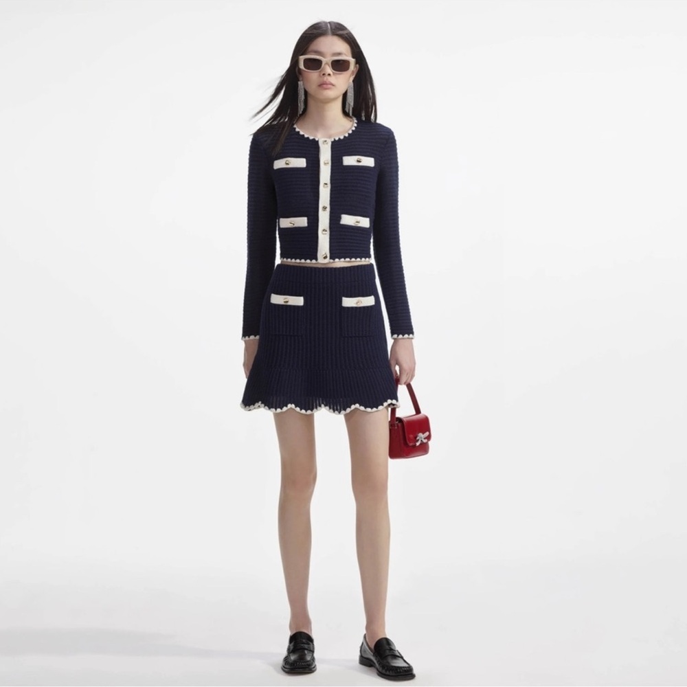 Self Portrait Stylish Navy and White Knit Set